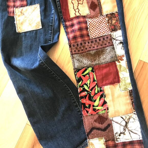 Upcycled Southwest Patchwork Jeans, Women’s 12P: Handmade Aztec Tribal Patches - Picture 11 of 12